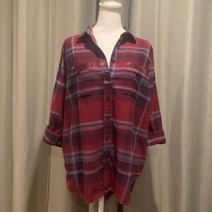 Casual Plaid Button-Up Shirt - Red and Blue